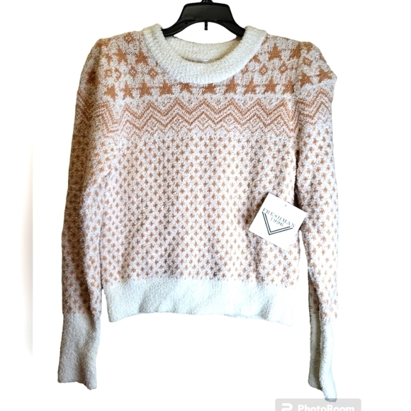 NWT Freshman 1996 Super Soft Fleece  Jr. Med Sweater tan and off white - Picture 1 of 14